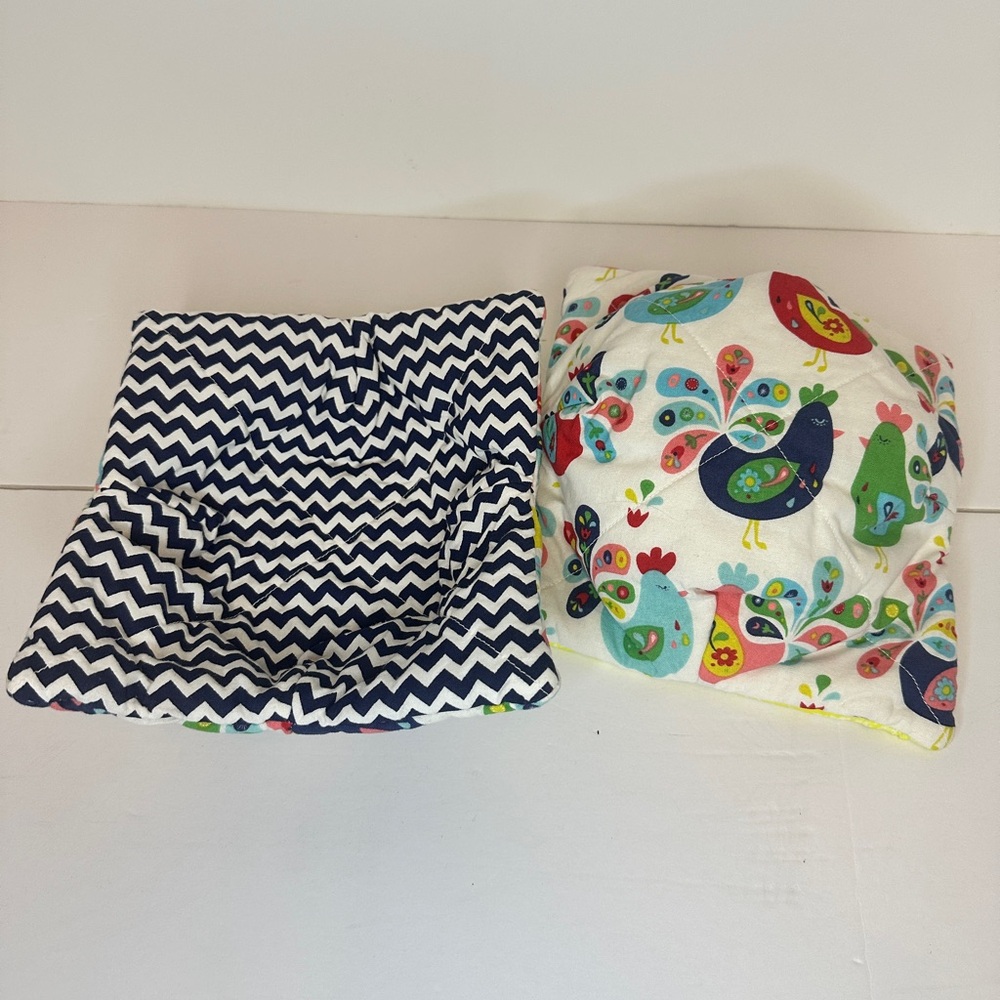 HAND CRAFTED Colorful Roosters Cotton Microwave Bowl Cozies Set of 2